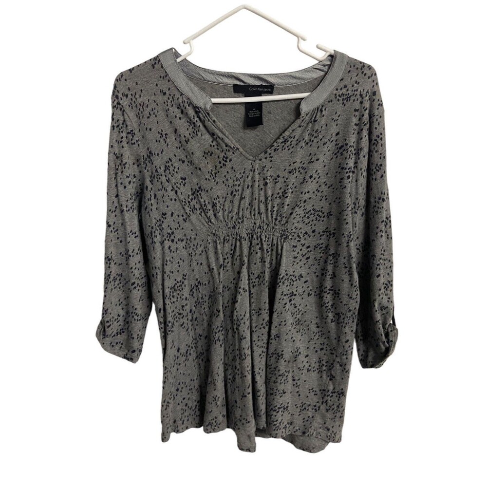 Calvin Klein Womens Medium Gray and Black Dotted Roll Sleeve V Neck Tunic
